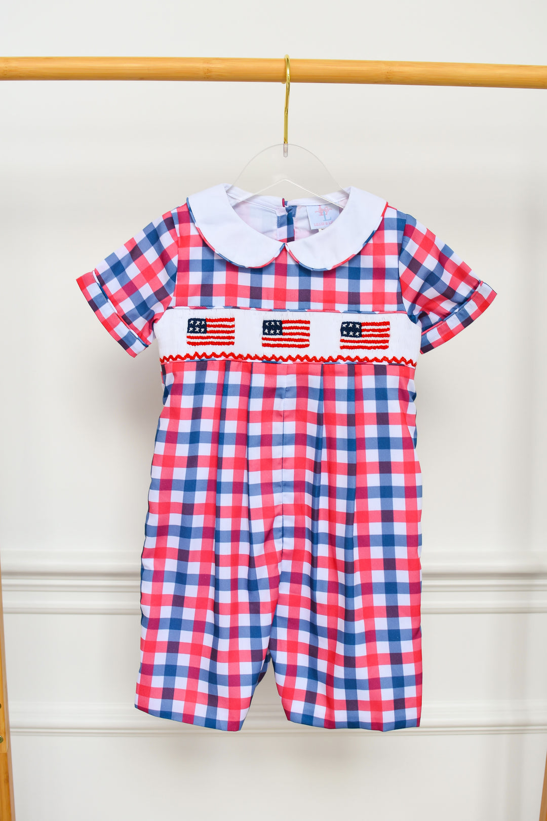 PRE-ORDER Red White Blue Gingham Patriotic Flag Smocked Boy Shortall