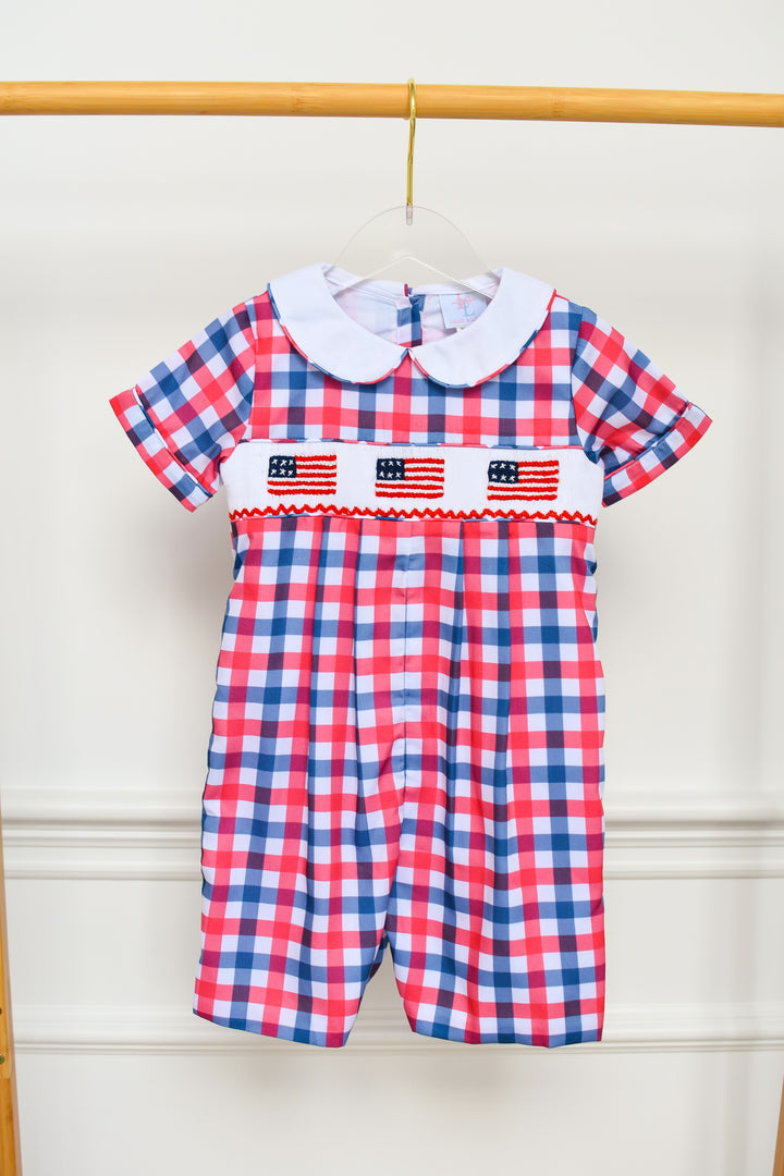 PRE-ORDER Red White Blue Gingham Patriotic Flag Smocked Boy Shortall