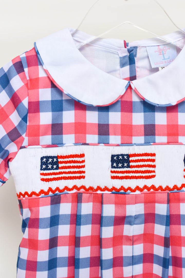 PRE-ORDER Red White Blue Gingham Patriotic Flag Smocked Boy Shortall