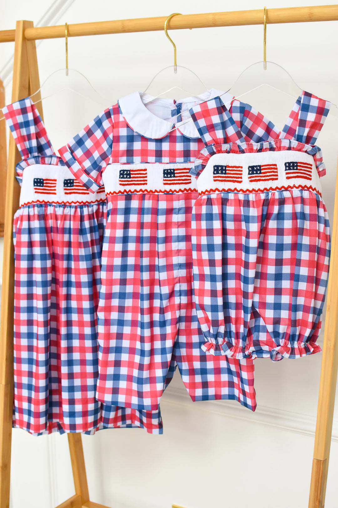 PRE-ORDER Red White Blue Gingham Patriotic Flag Smocked Boy Shortall