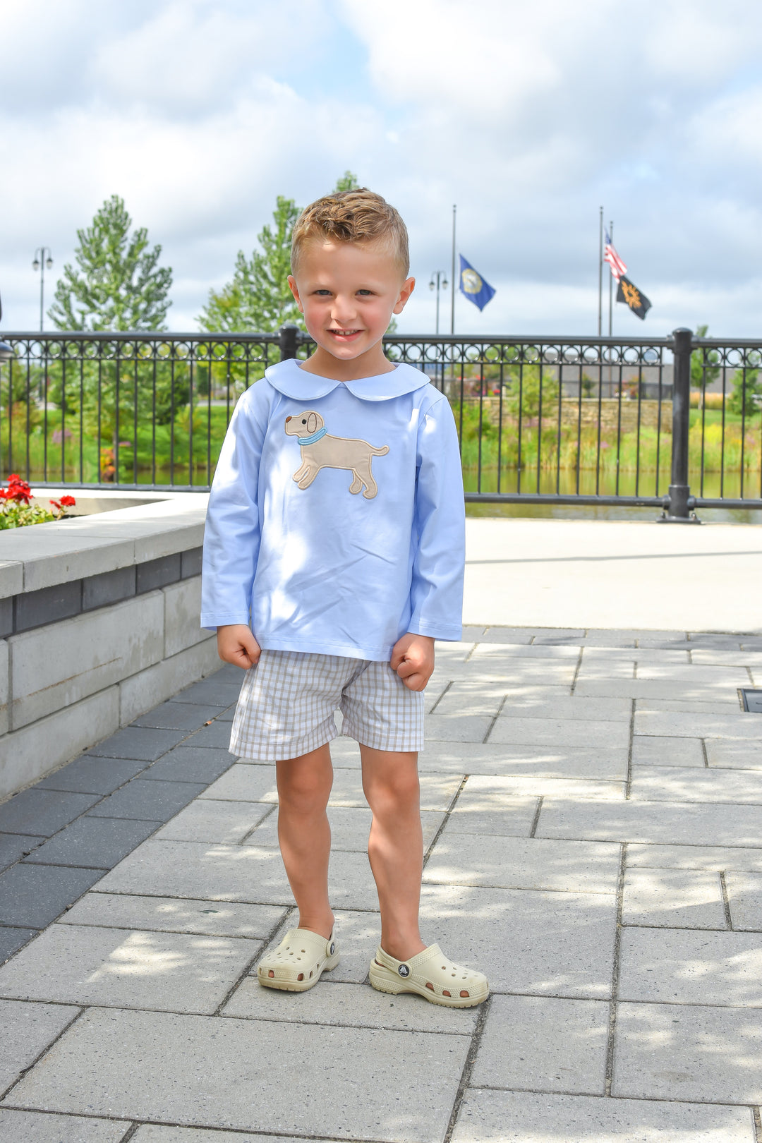 Boys Puppy Applique Shirt & Gingham Shorts Set