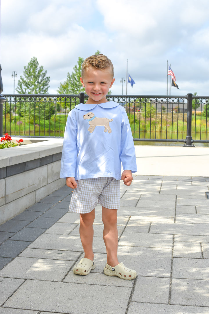 Boys Puppy Applique Shirt & Gingham Shorts Set