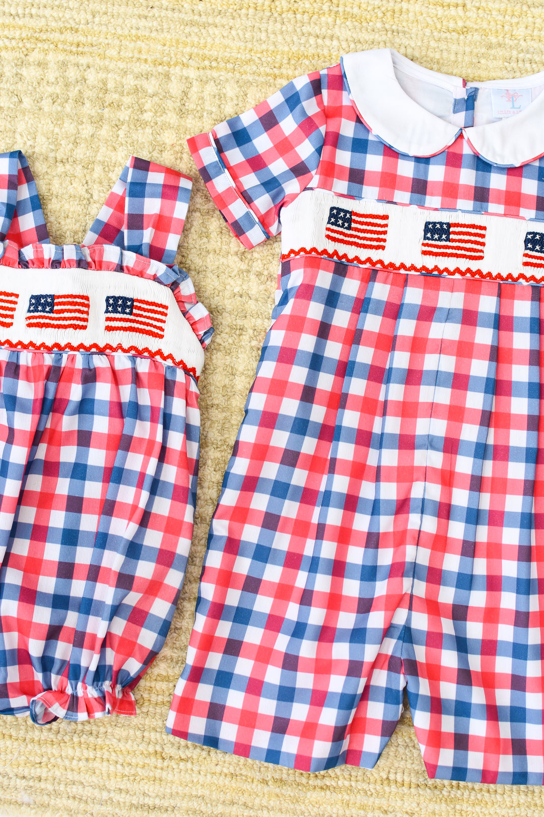 PRE-ORDER Red White Blue Gingham Patriotic Flag Smocked Boy Shortall