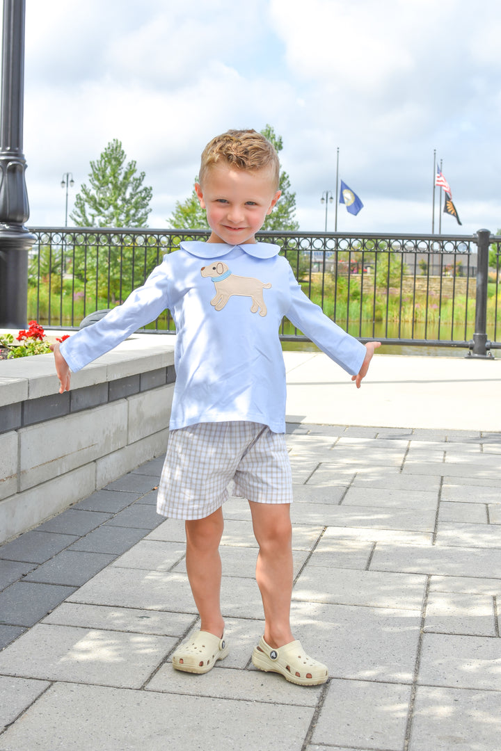 Boys Puppy Applique Shirt & Gingham Shorts Set