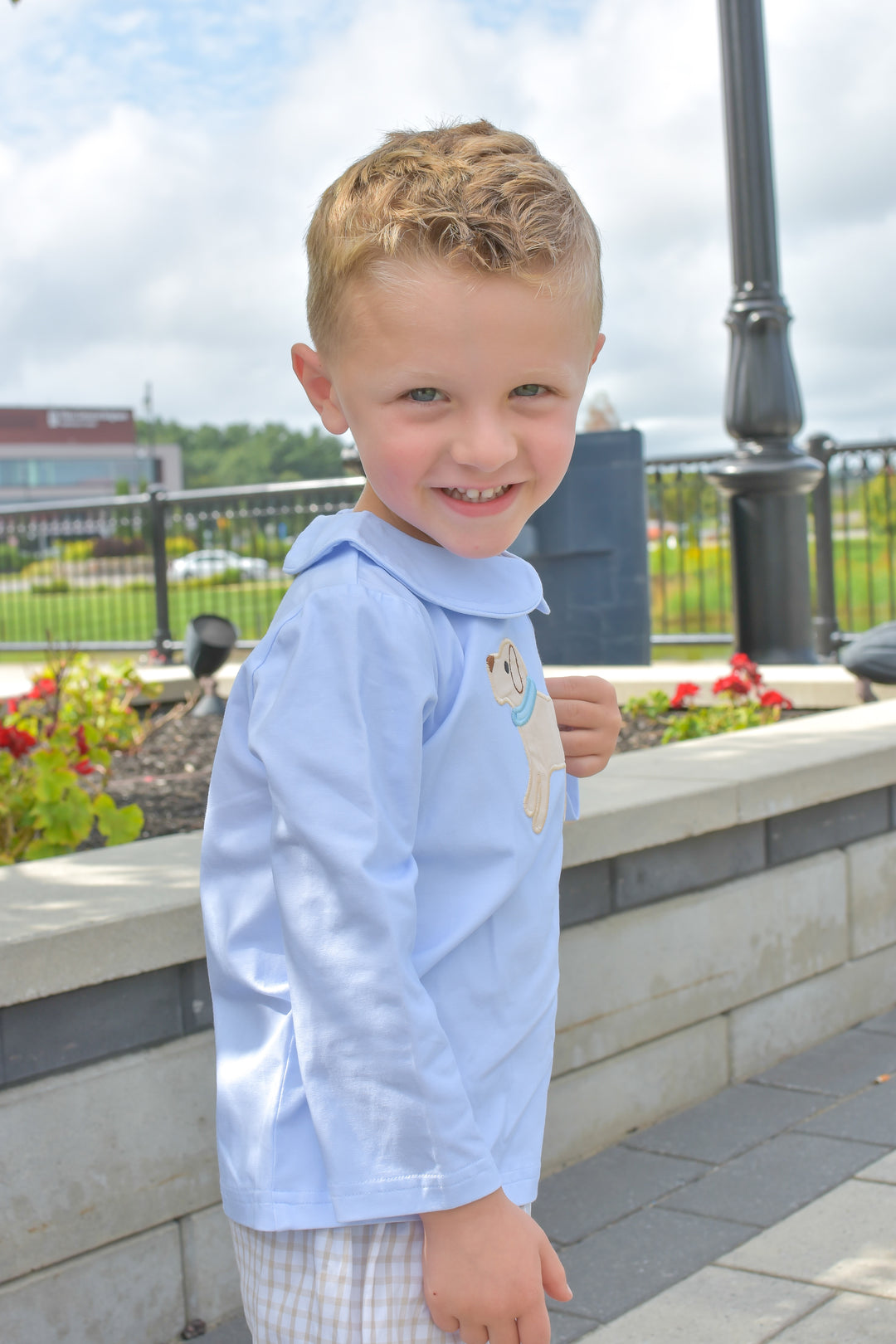 Boys Puppy Applique Shirt & Gingham Shorts Set
