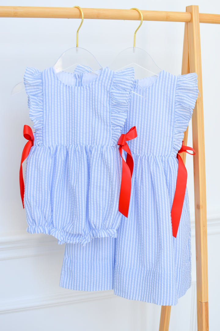 Blue Seersucker Patriotic Bubble with Red Bows