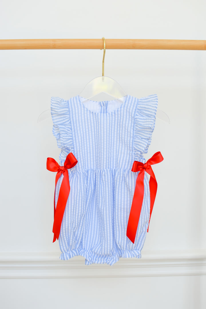 Blue Seersucker Patriotic Bubble with Red Bows