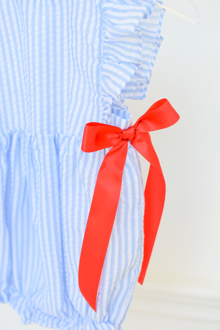Blue Seersucker Patriotic Bubble with Red Bows