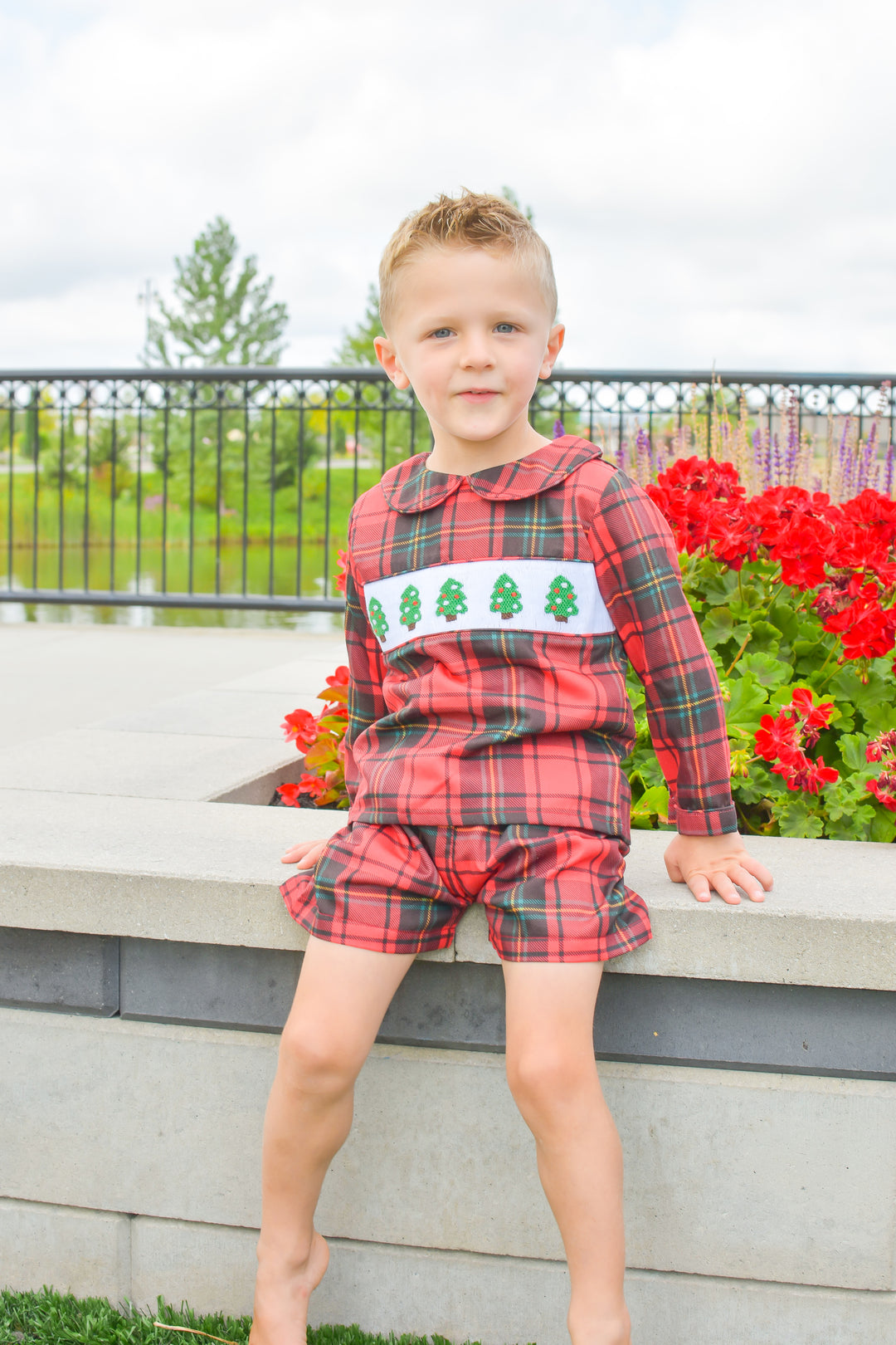 Boys Red Plaid Smocked Christmas Tree Short Set