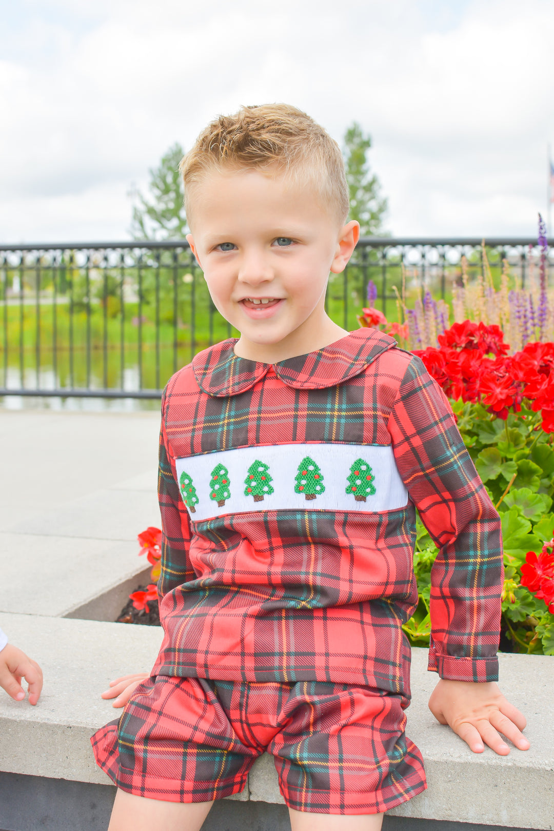 Boys Red Plaid Smocked Christmas Tree Short Set