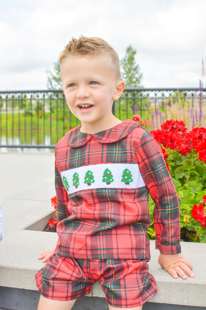 Boys Red Plaid Smocked Christmas Tree Short Set