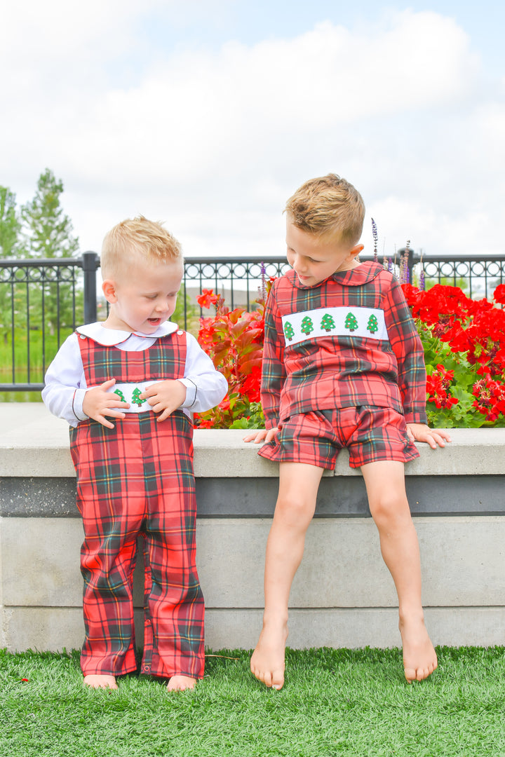 Boys Red Plaid Smocked Christmas Tree Short Set