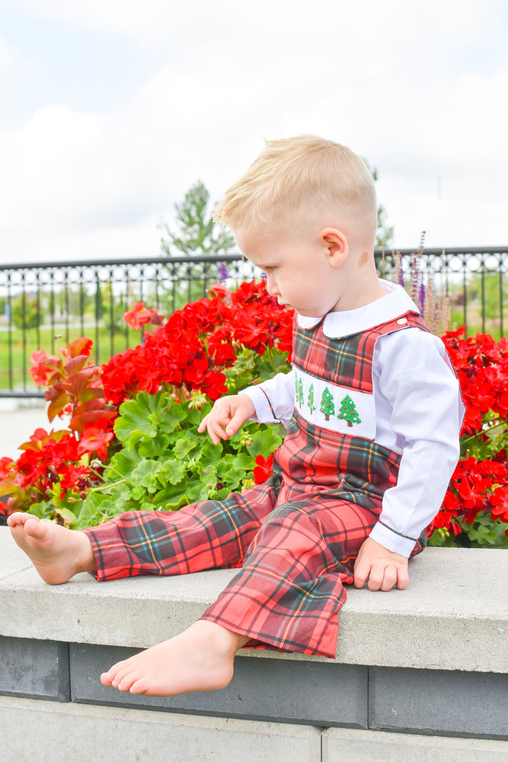 Boys Red Plaid Smocked Christmas Tree Longall