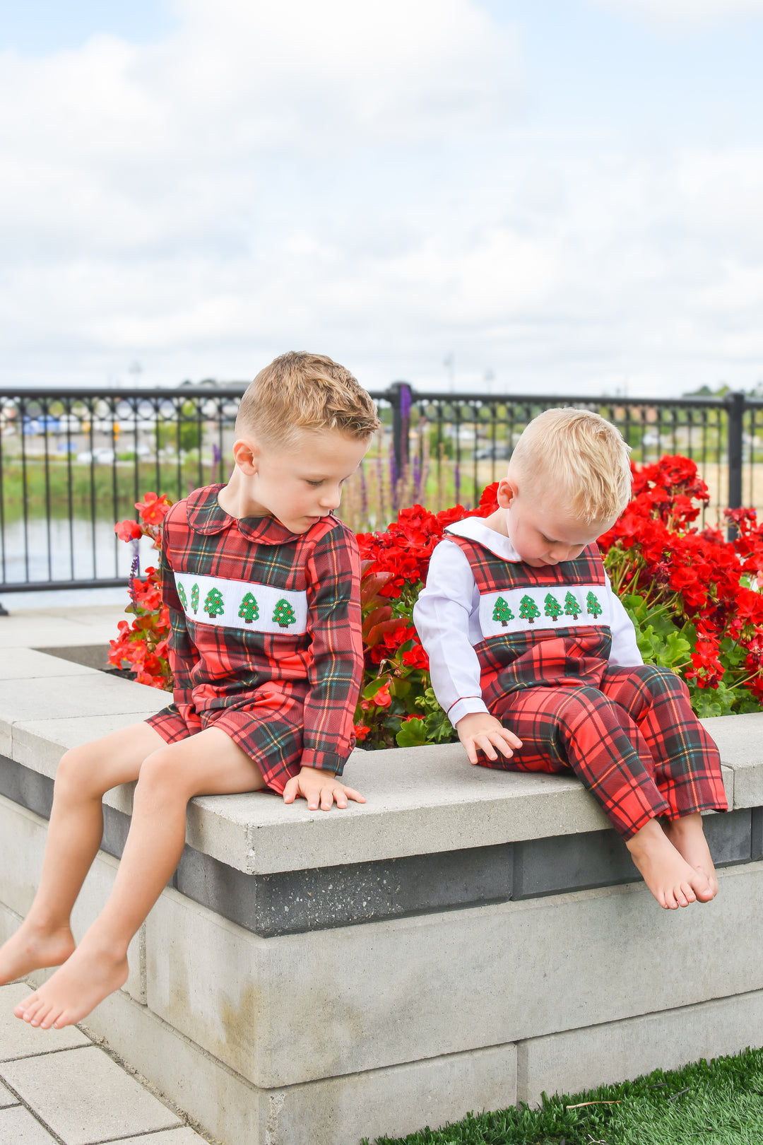 Boys Red Plaid Smocked Christmas Tree Longall