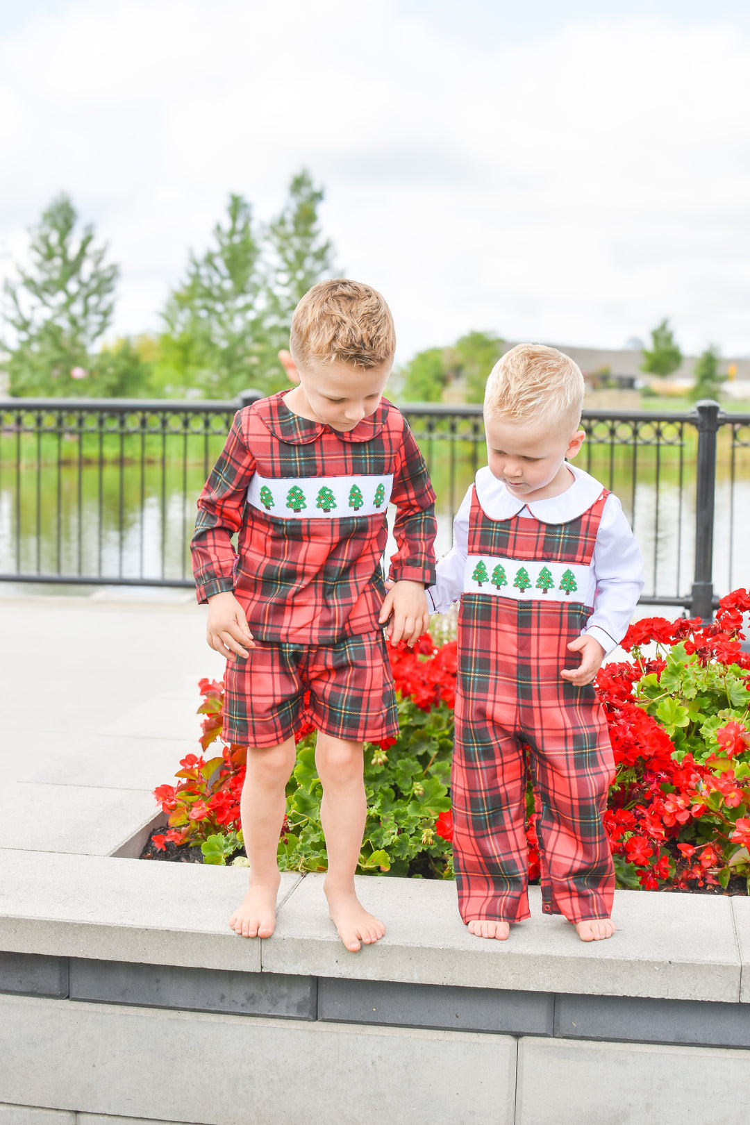 Boys Red Plaid Smocked Christmas Tree Longall