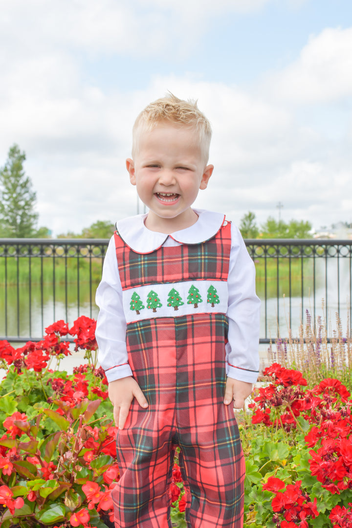 Boys Red Plaid Smocked Christmas Tree Longall