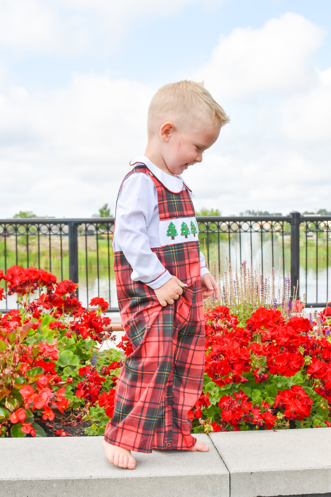 Boys Red Plaid Smocked Christmas Tree Longall