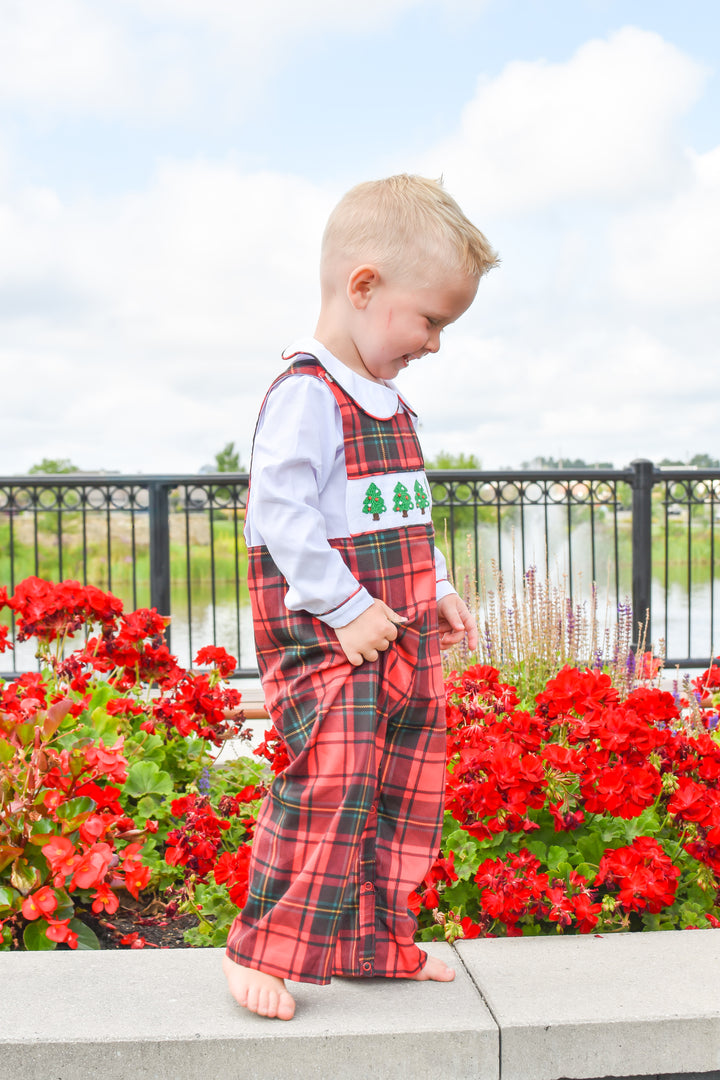 Boys Red Plaid Smocked Christmas Tree Longall