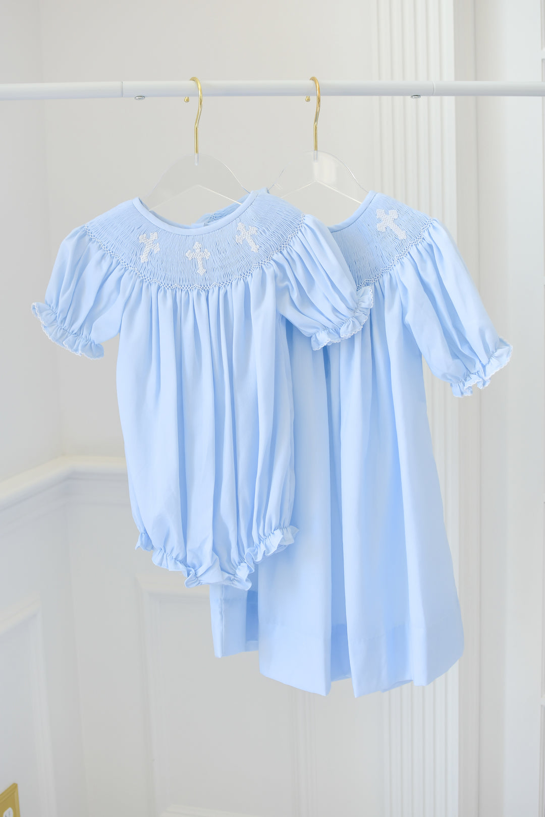 Smocked Cross Dress in Blue Lillie & Lilah Smocked Cross Dress in Blue Lillie & Lilah