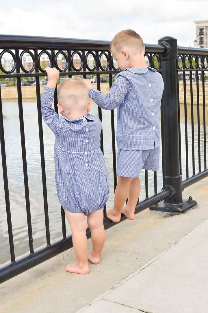 Boys Navy Gingham Turkey Smocked Short Set
