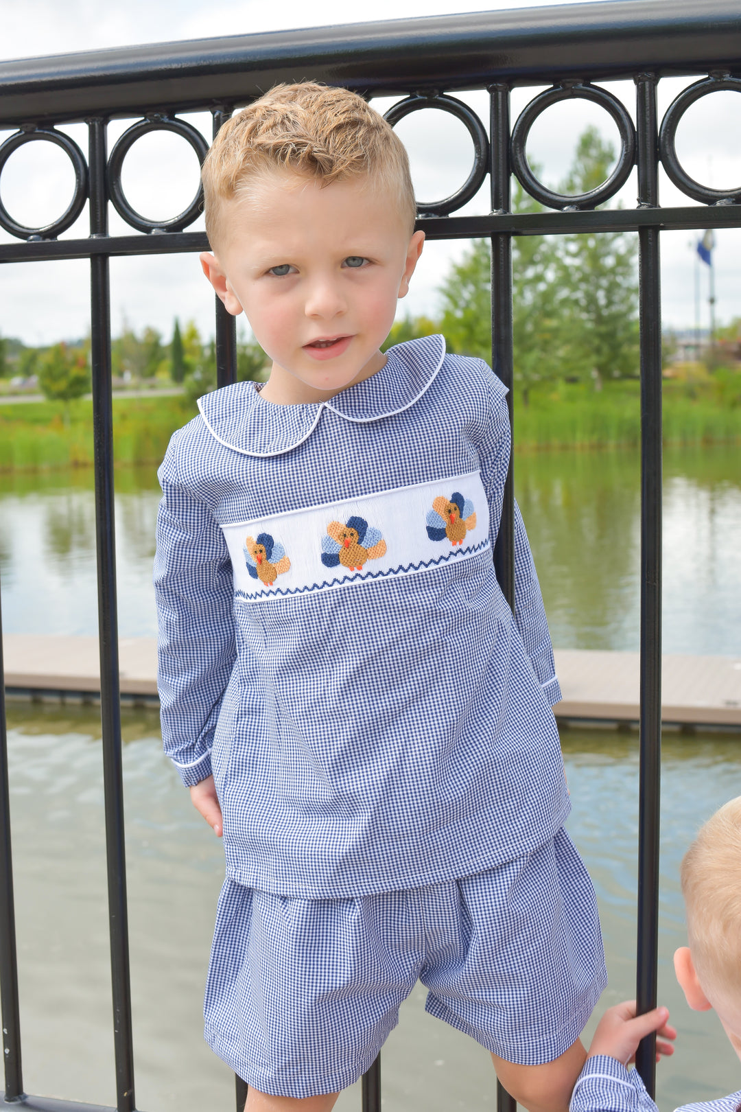 Boys Navy Gingham Turkey Smocked Short Set