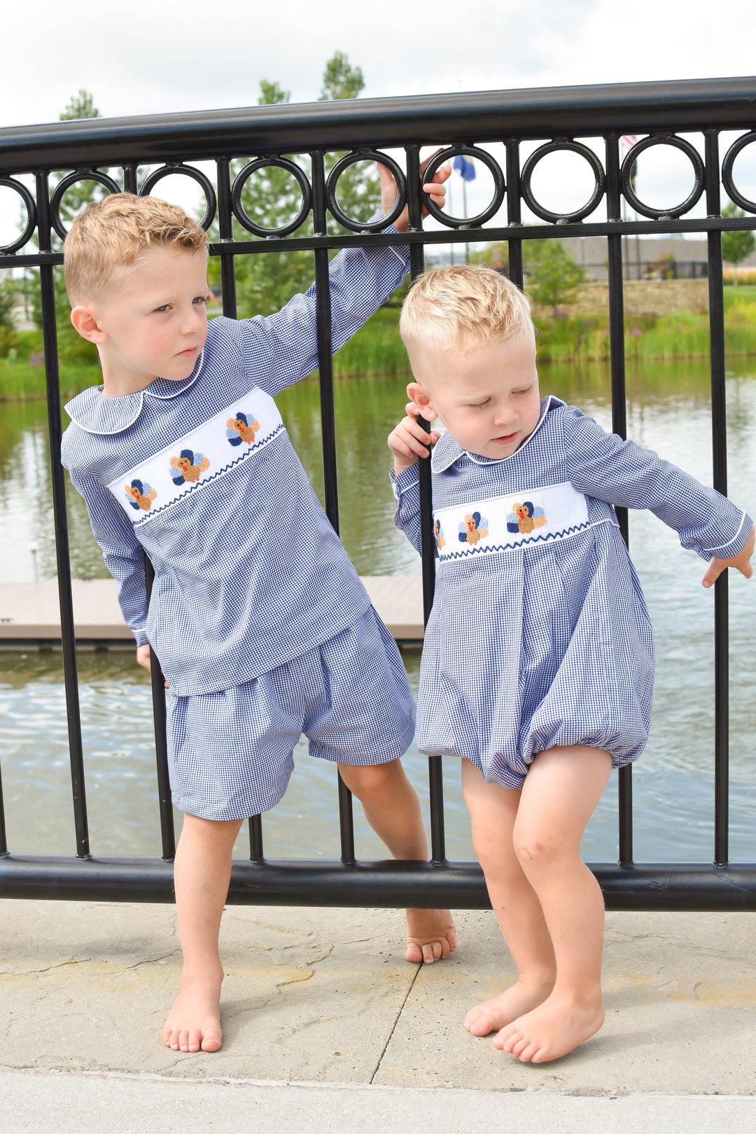Boys Navy Gingham Turkey Smocked Short Set