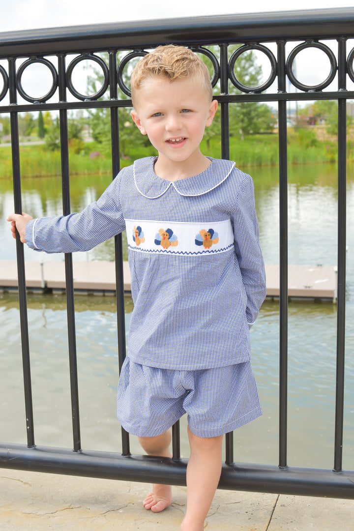 Boys Navy Gingham Turkey Smocked Short Set