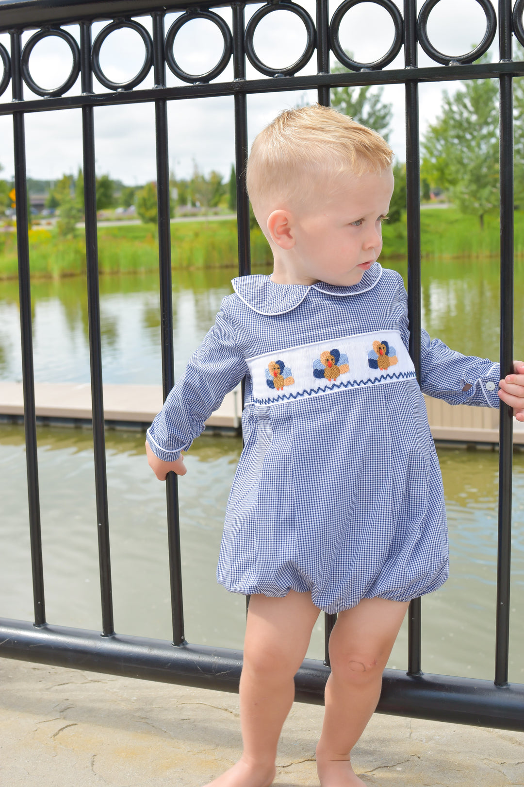 Boys Navy Gingham Turkey Smocked Bubble