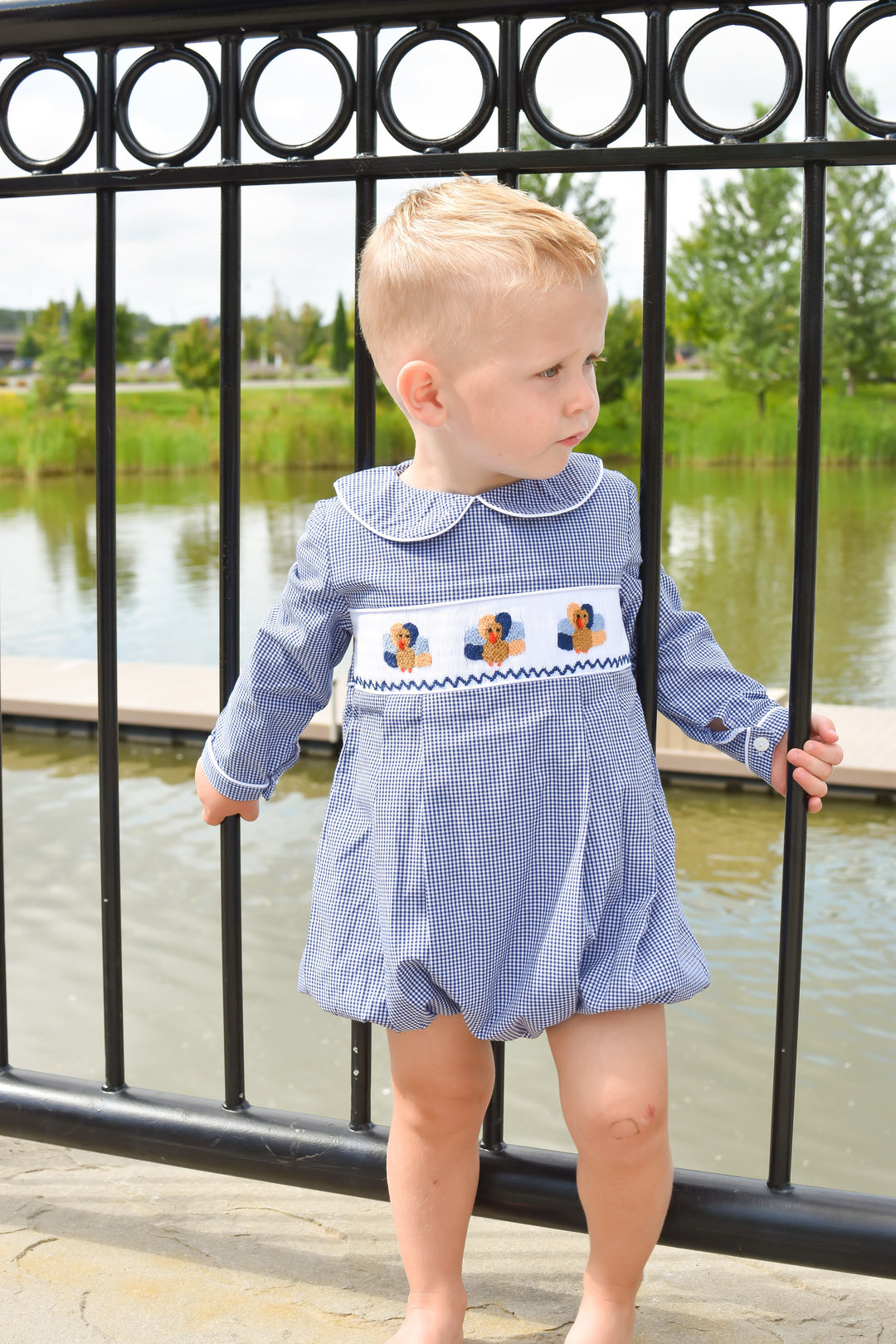 Boys Navy Gingham Turkey Smocked Bubble