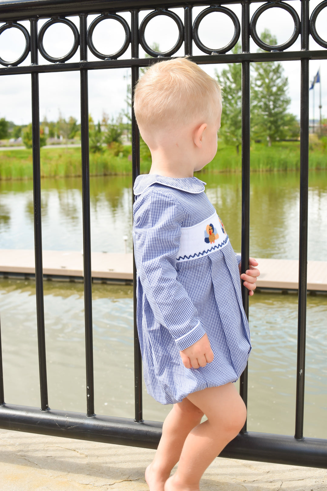 Boys Navy Gingham Turkey Smocked Bubble