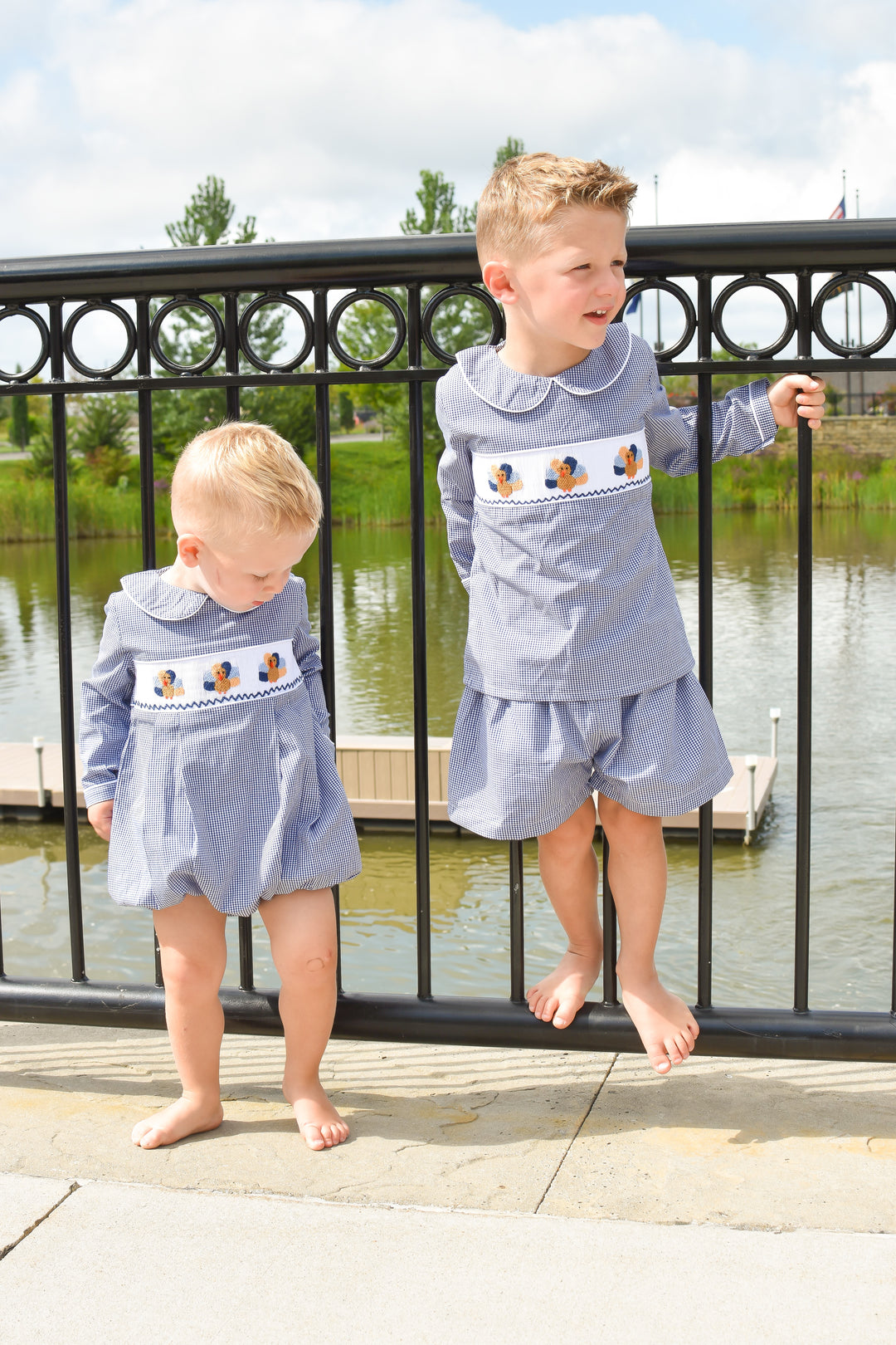 Boys Navy Gingham Turkey Smocked Bubble