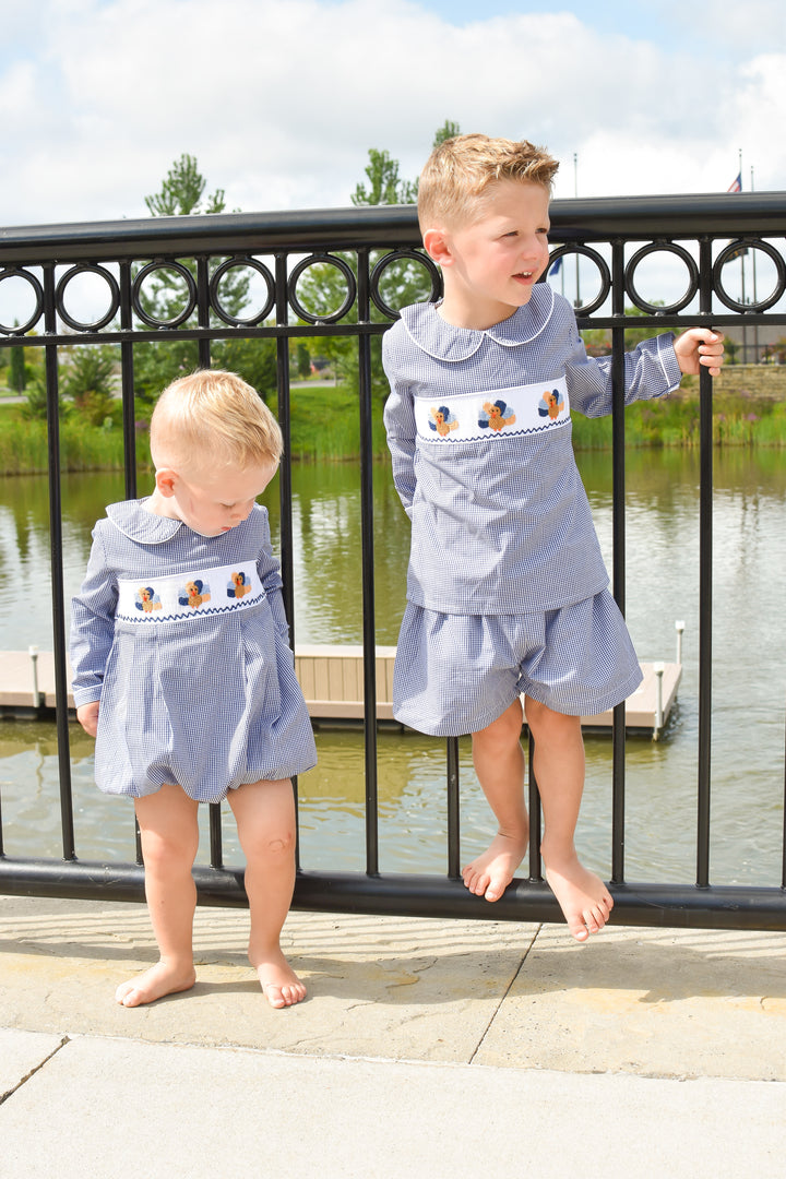 Boys Navy Gingham Turkey Smocked Bubble