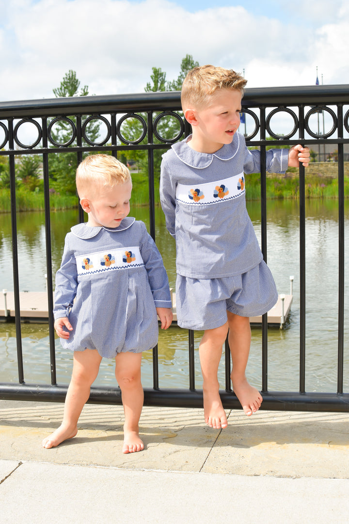 Boys Navy Gingham Turkey Smocked Bubble