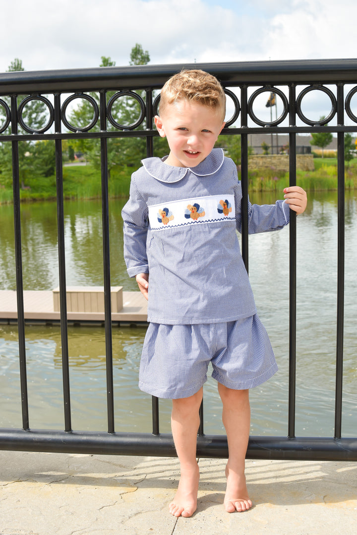 Boys Navy Gingham Turkey Smocked Short Set