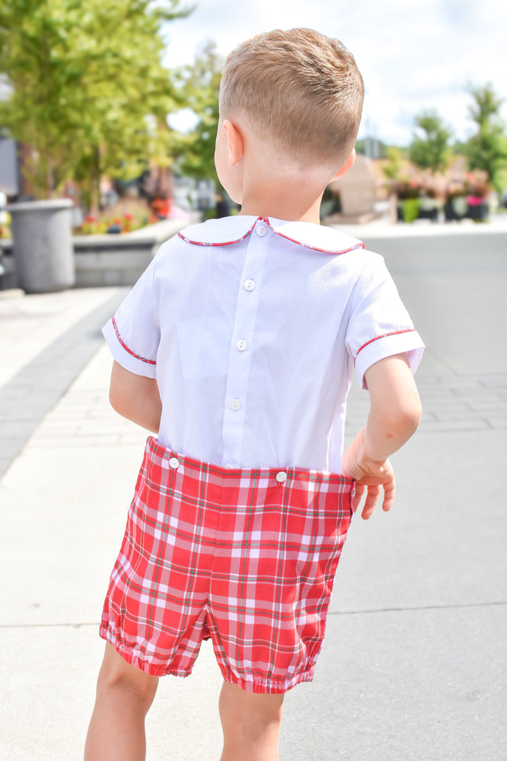 PRE-ORDER Boys Red Plaid Christmas Button-On Short Set