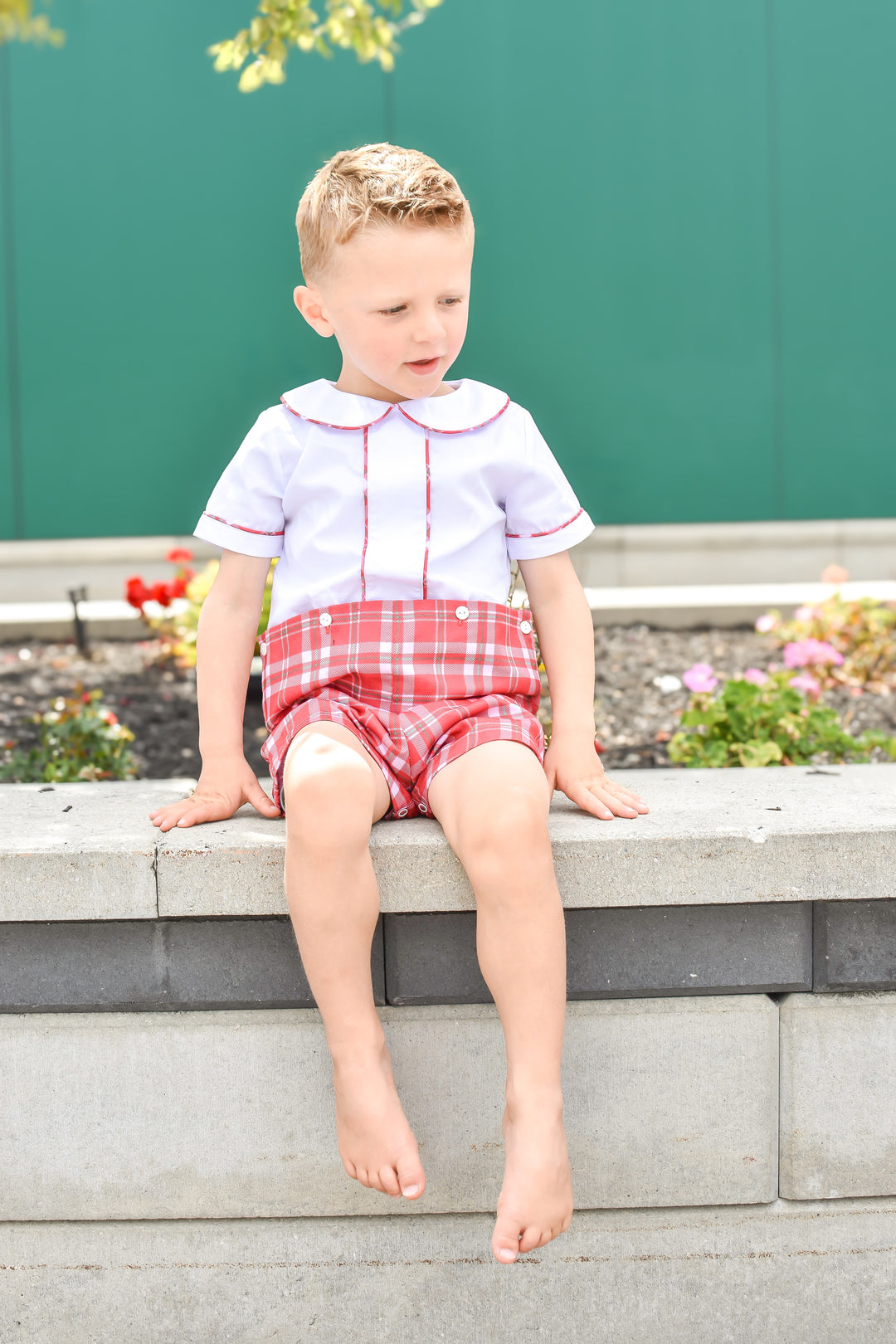 PRE-ORDER Boys Red Plaid Christmas Button-On Short Set