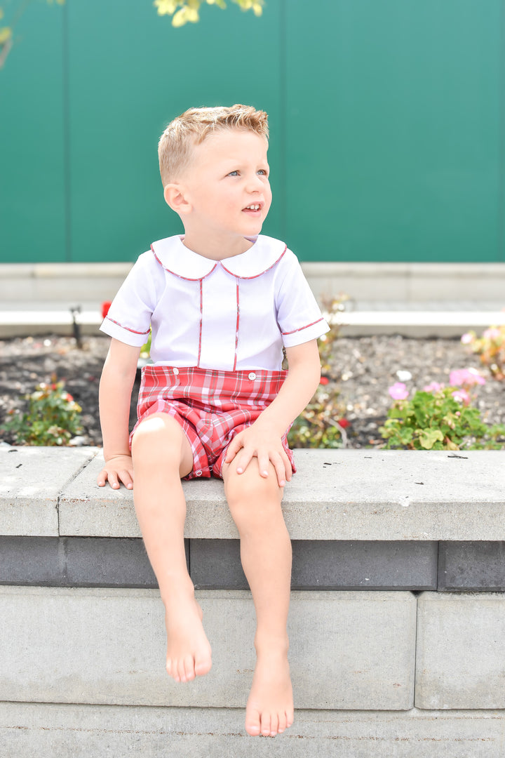 PRE-ORDER Boys Red Plaid Christmas Button-On Short Set