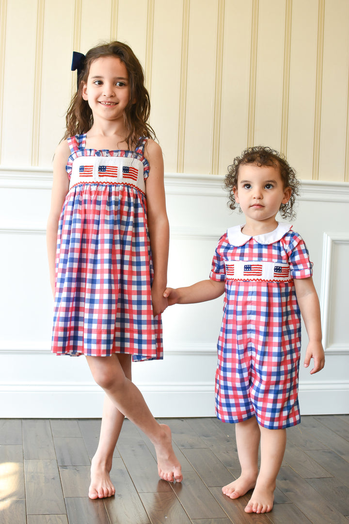 PRE-ORDER Red White Blue Gingham Patriotic Flag Smocked Boy Shortall