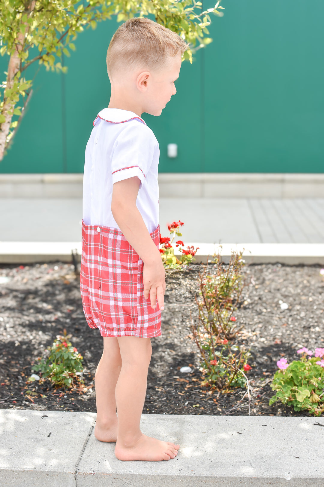 PRE-ORDER Boys Red Plaid Christmas Button-On Short Set