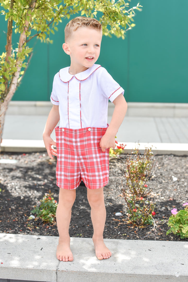 PRE-ORDER Boys Red Plaid Christmas Button-On Short Set