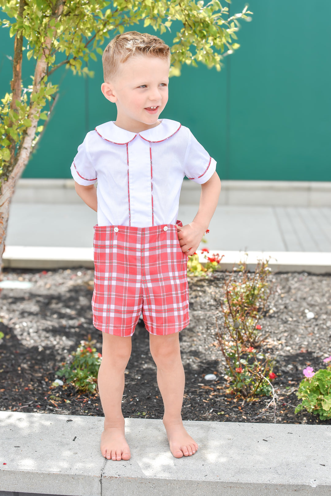 PRE-ORDER Boys Red Plaid Christmas Button-On Short Set