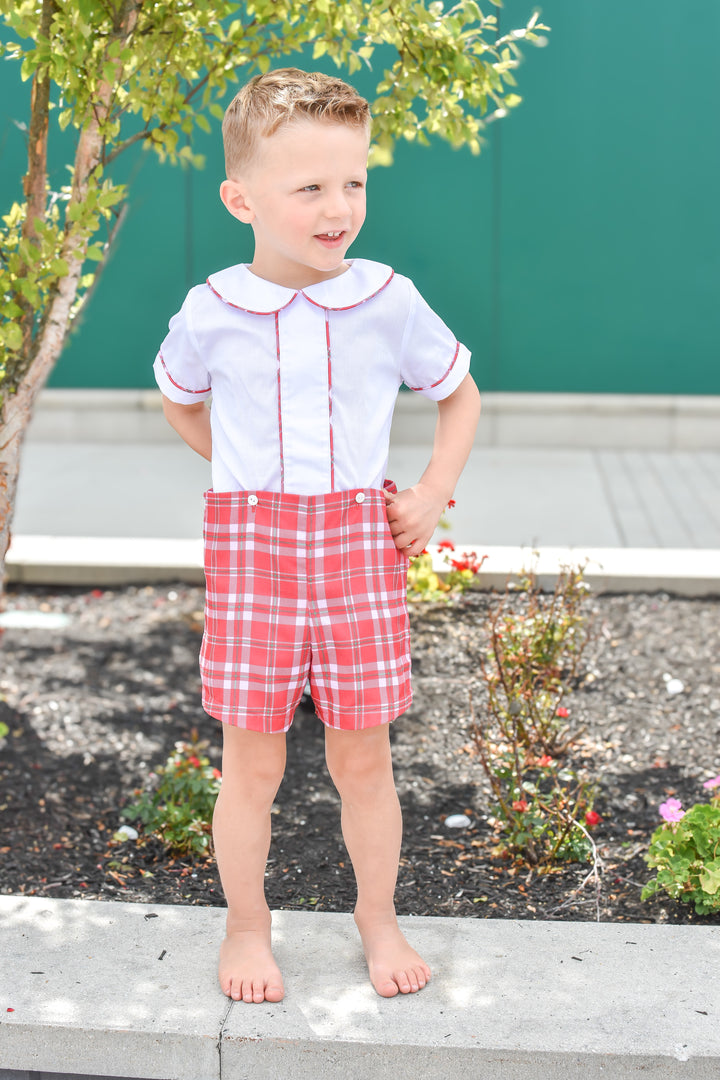 PRE-ORDER Boys Red Plaid Christmas Button-On Short Set