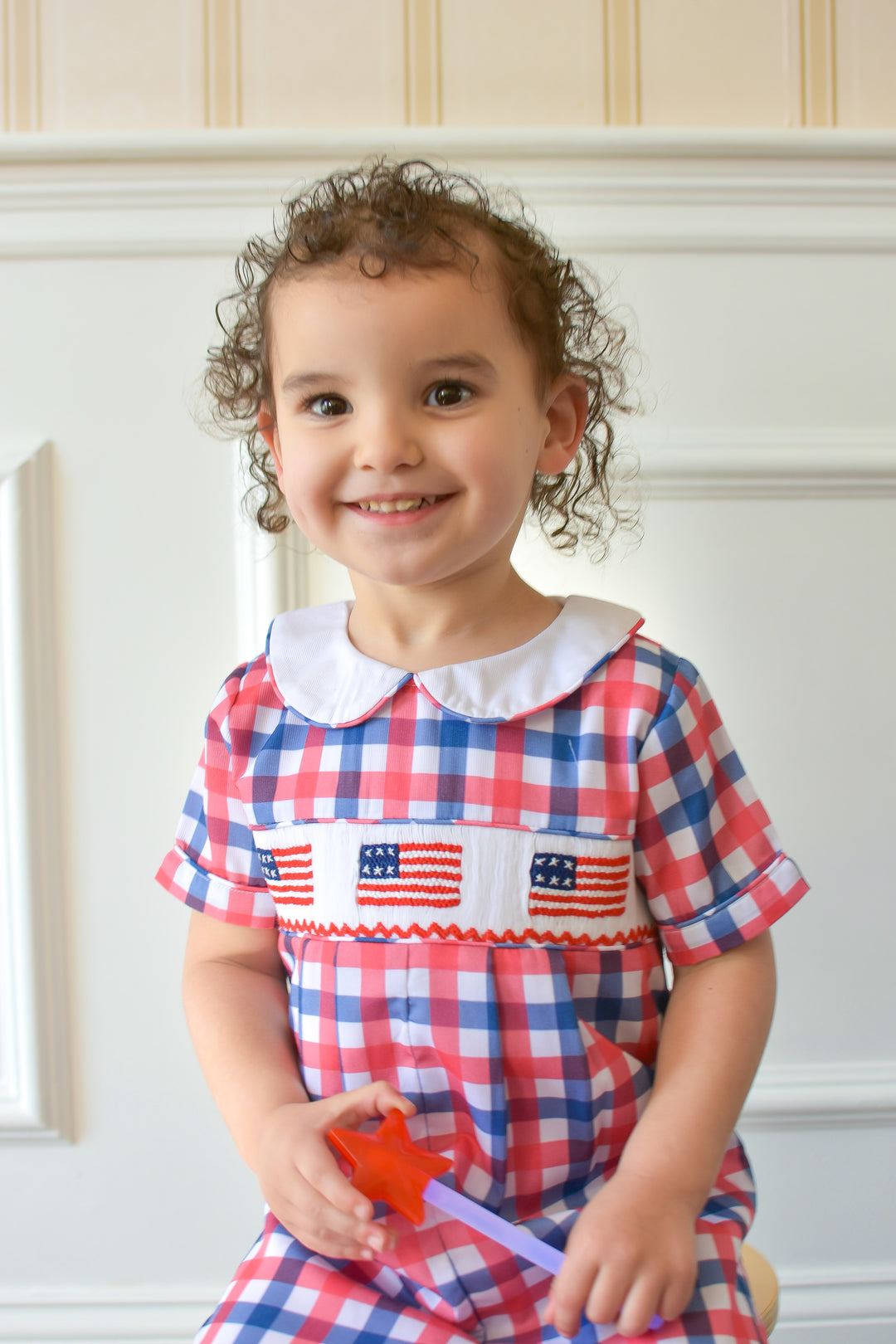 PRE-ORDER Red White Blue Gingham Patriotic Flag Smocked Boy Shortall
