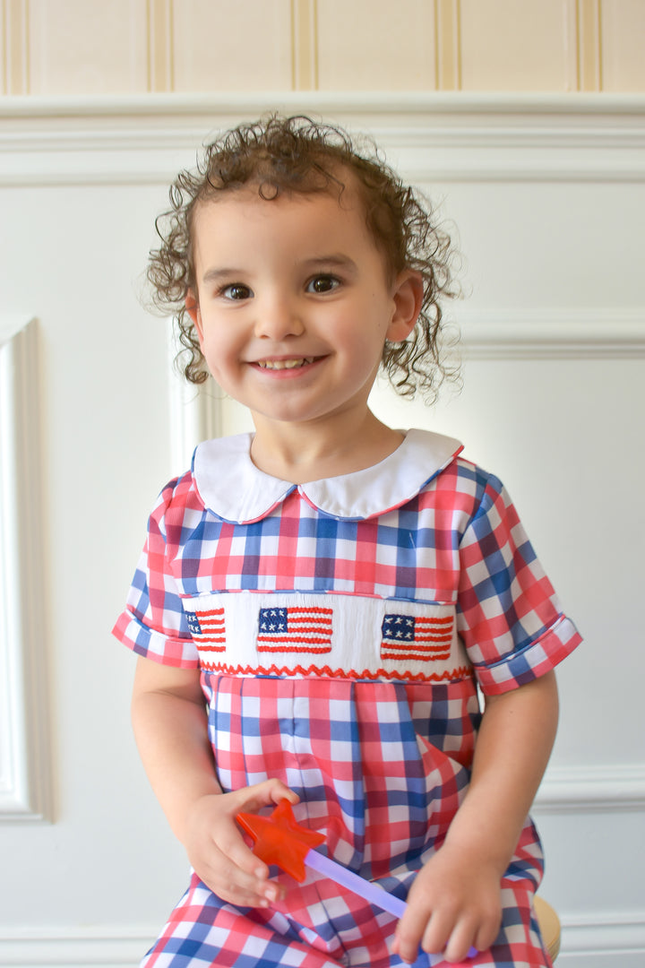 PRE-ORDER Red White Blue Gingham Patriotic Flag Smocked Boy Shortall