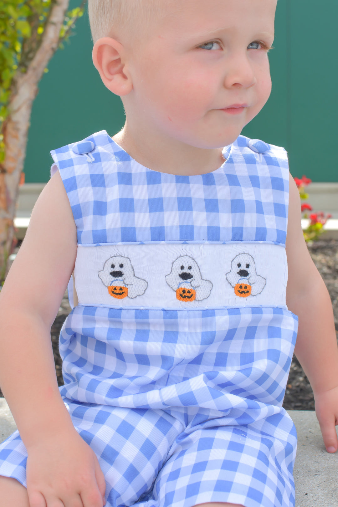 Boys Halloween Ghost Smocked Shortall