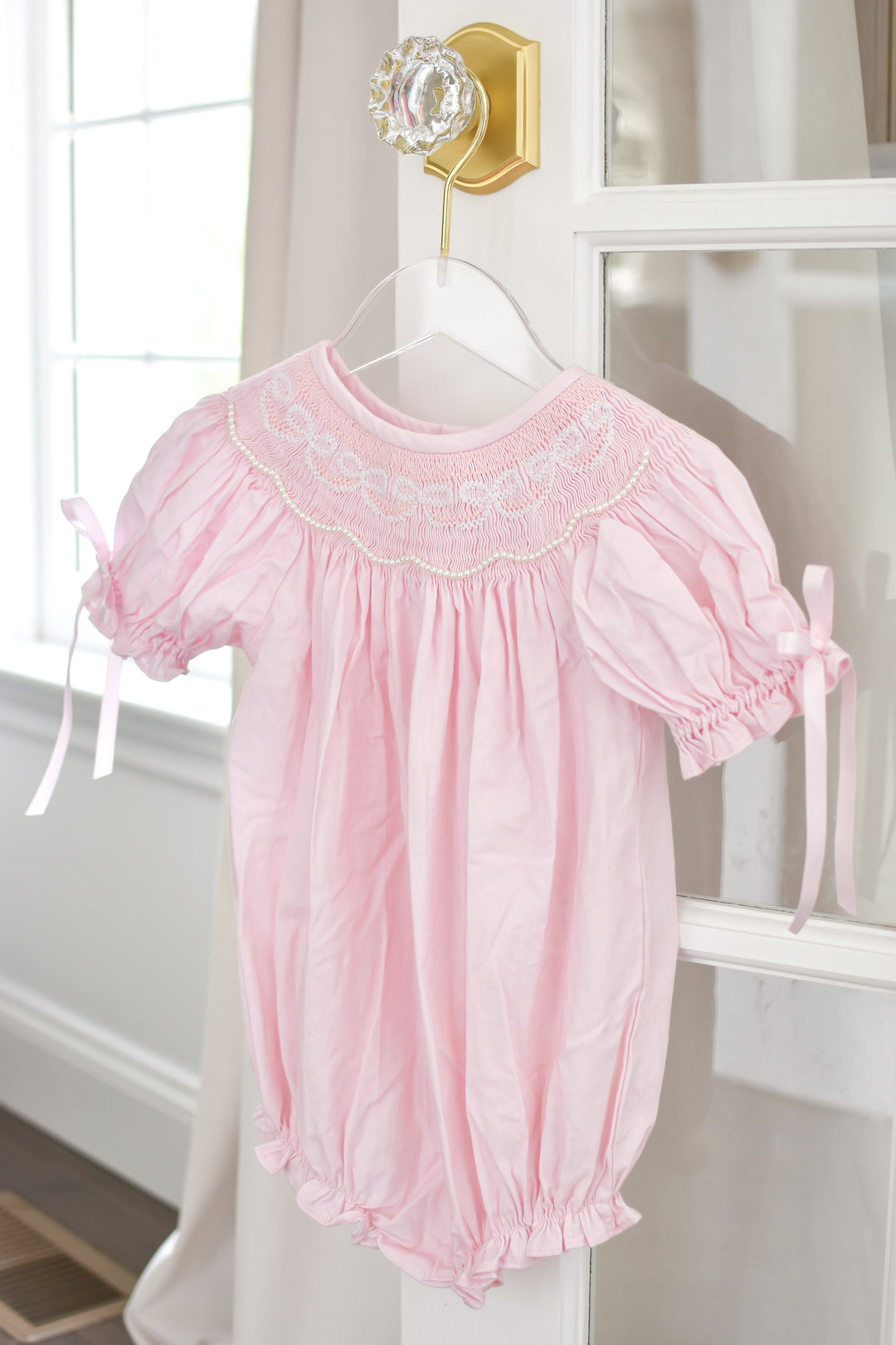 PRE-ORDER Girls Pink Bow Smocked Bubble with Pearls