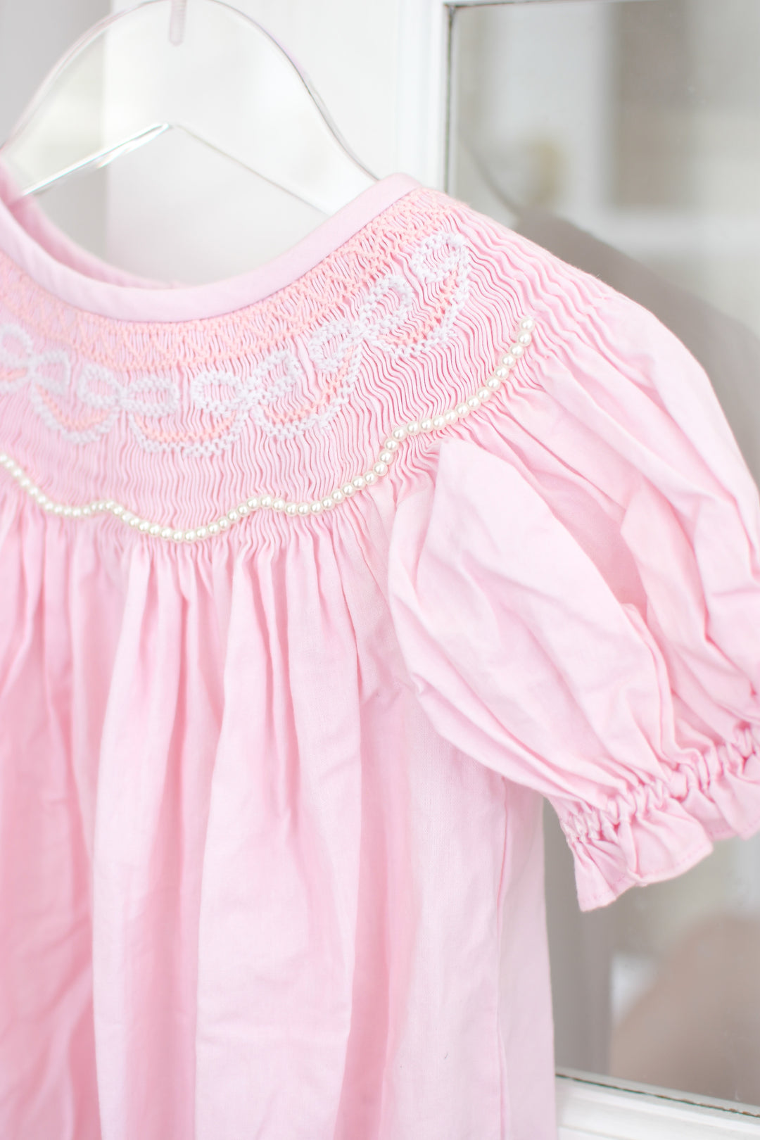 PRE-ORDER Girls Pink Bow Smocked Bubble with Pearls