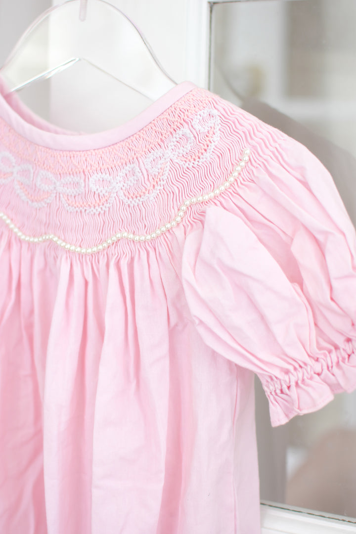 PRE-ORDER Girls Pink Bow Smocked Bubble with Pearls