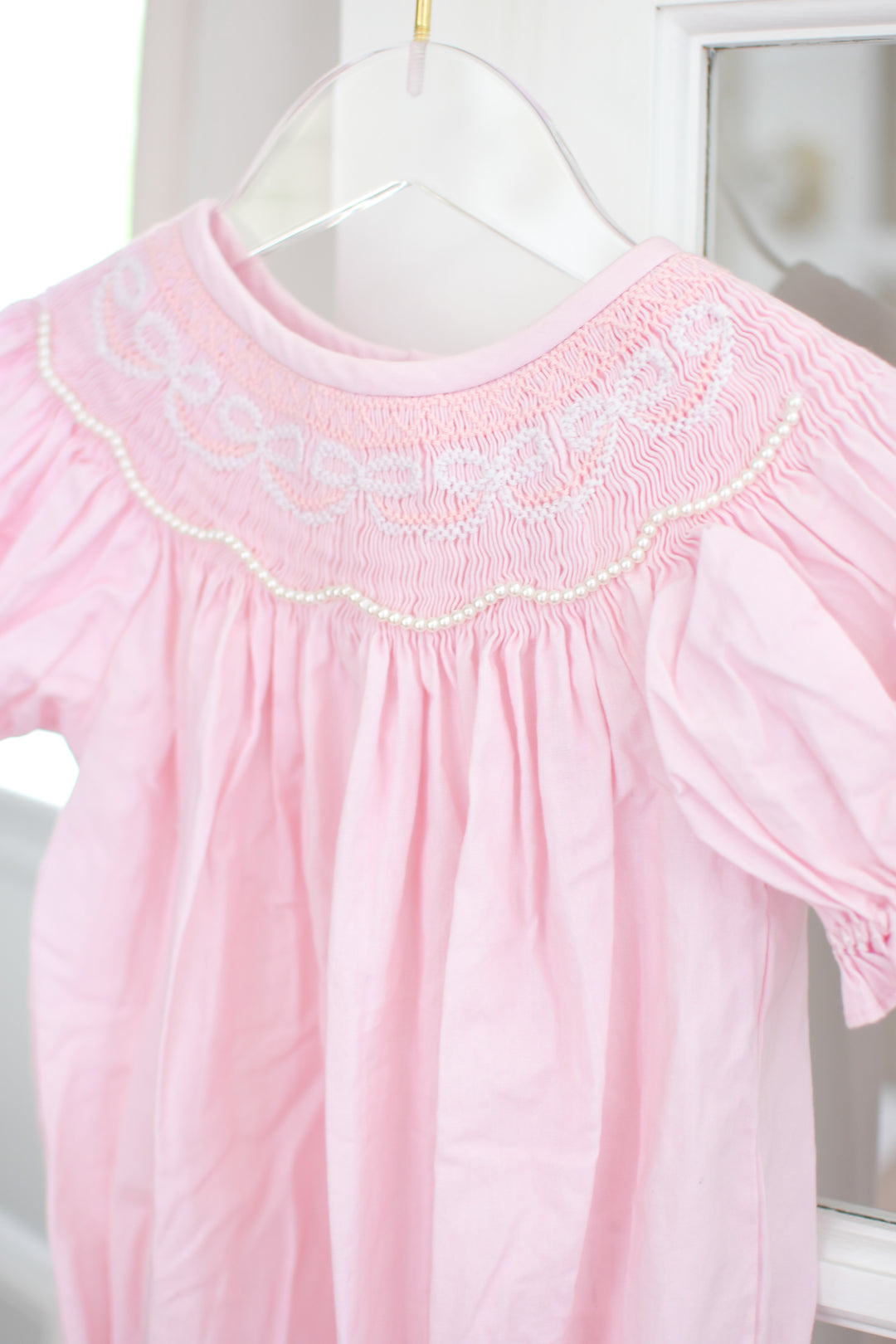 PRE-ORDER Girls Pink Bow Smocked Bubble with Pearls