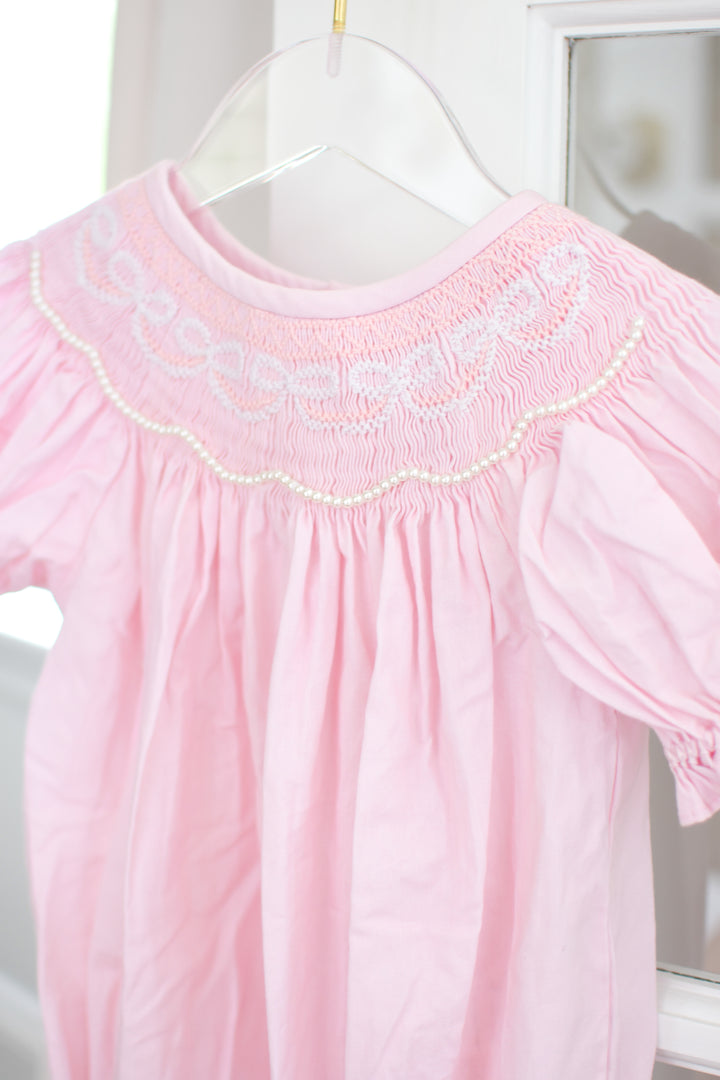 PRE-ORDER Girls Pink Bow Smocked Bubble with Pearls